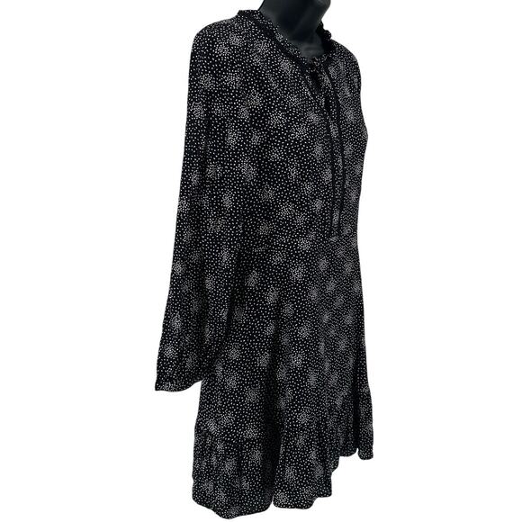 LOFT Short Dress WMNS 6P Shift Black White Dotted Floral Ruffle Hem Tie Neck - Picture 2 of 6